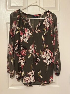 Kaari Blue Olive Floral V-Neck Blouse with Pink & White Flowers